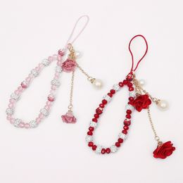 Mobile Phone Lanyard Short Hand Strap For Key Diamond Bracelet Phone Case Flower Pearl Pendant Diy Tassel Phone Straps