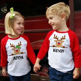 T-shirts Personalised Deer Kid Christmas T-shirt Custom Name Child Raglan Clothes Tops Sibling Matching Xmas Party Outfit Kids Tee Shirt 230419