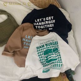 T-shirts 100% Cotton Loose Korean Kids Fried Street T-shirt Boy and Girl Spring and Autumn Undershirt Baby Kids Top P230419