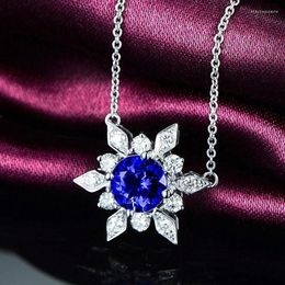 Pendant Necklaces Fashion Blue CZ Flower Necklace Women Stylish Girl Accessories Party Daily Wear Delicate Gift Jewelry