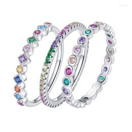Cluster Rings Dainty For Women Colorful Round Zircon Silver Color Simple Thin Stacking Pinky Ring Female Jewelry Wholesale Gifts KCR039