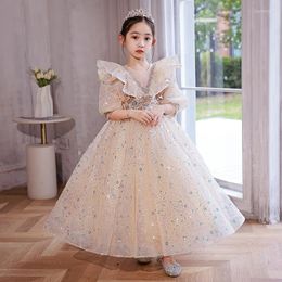 Girl Dresses Sequins Beaded Kids Champagne Elegant Princess Party Pageant Formal Long Dress Girls Children's Wedding