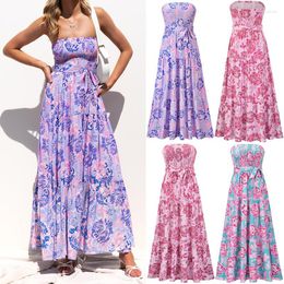 Casual Dresses Fashion Women's Strapless Summer Dress Ladies Female Floral Printed Party Boho Beach Long Maxi With Belt