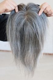 Full Hand Tied Mono base hair topper grey human hair piece Salt and Pepper Colour European wo men grayToppers hairpiece clip in extension silver custom 20day about 3x5"