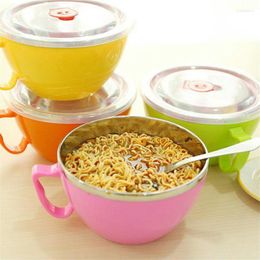 Bowls 600ml Noodle Bowl With Lid Handle Stainless Steel Plastic Leak-Proof Container Rice Soup Kitchen Gadget