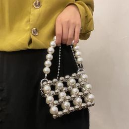 Evening Bags Fashion Silver Pearl Bag Niche Design Beaded Vintage Woven Handbag Stitching Hollow Ladies Shoulder Dinner