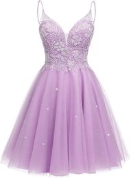 Beading Tulle Prom Dresses Deep V-Neck Backless Spaghetti Knee-Length Plus Size Graduation Cocktail Homecoming Party Gown 06