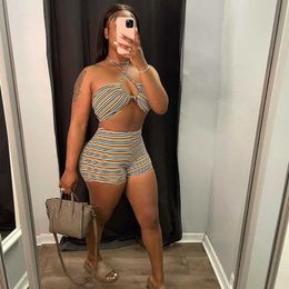 Women's Tracksuits Sexy Backless Knit Rib 2 Piece Set Women Halter Sleeveless Crop Top and Shorts Sets Summer Club Vacation Outfits Matching Sets P230419