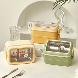 Dinnerware Sets Lunch Box Kitchen Accessories Cartoon Pattern Compartment Bento With Transparent Lid Handle Double Layer Large Capacity