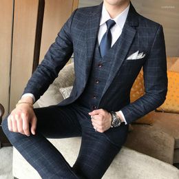 Men's Suits ( Jackets Vests Pants ) 2023 High-end Brand Gray Blue Men Business Casual Plaid Suit Groom Wedding Dress Tuxedo Three-piece