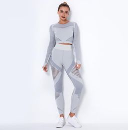 2020 INS Women039s Yoga Set Seamless Sportswear 2 Pieces Set Long Sleeve sweat shirt crop top and High Waist Long Pants Capri Y9809398