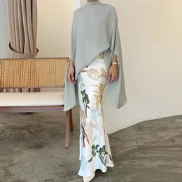 Two Piece Dress Fashion Fishtail Skirt Outfit Casual Batwing Sleeve Slim 2Pc Sets Elegant Print Half Turtleneck Top and Long Suits 230419