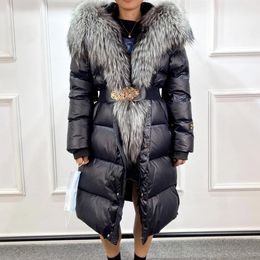 Women's Down Parkas Janveny Winter Long Jacket Women Duck Coat Super Luxury Large Real Silver Fur Collar With Belt Snow Outwear 231118