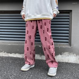 Men's Pants Mens Skull Printed Pink Cargo Men Streetwear Casual Trousers Vintage Corduroy Straight Long Baggy Pantalon Homme