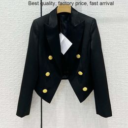 Women's Jackets High Quality Runway Black Blazer Jacket Women Fashion Gold Double Breasted Short Outwear Vintage Long Sleeve