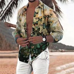 Men's Dress Shirts 2023 Men's Shirt Hawaiian Butterfly 3D Printing Long Sleeve Flower Beach Oversized 6XL Summer