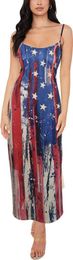 CICOCI Maxi Dress for Women with Pockets Patriotic American Flag Dress Striped Braces Dress 4th of July Independence Day