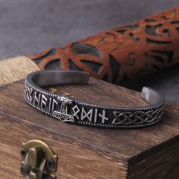 Bangle Stainless Steel Men's Handmade Nordic Rune Bangle with Viking thor's hammer Never Fade with wooden box as gift 230419