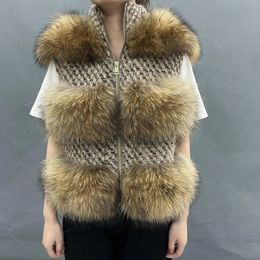 Women's Fur Faux Real Vest Women Raccoon Fashion Winter Woollen Blends Jacket Casual Fluffy WaistCoat Natural 231118