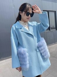 Damen Wolle Mischungen JANEFUR Mantel Frauen 2023 Blau Mode Elegante Echte Waschbären Pelz Taschen Kaschmir Mantel 231118