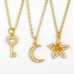 Pendant Necklaces FLOLA Cubic Zirconia Small Moon Crescent Necklace For Women Tiny Love Heart Key Flower Simple Jewellery Nkes40