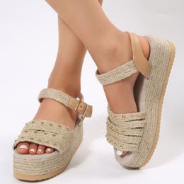 Sandals 2023 Summer Wedge Heel Rhinestone Women's Thick Sole Open Toe Matsuke Shoes With Slotted Buckle