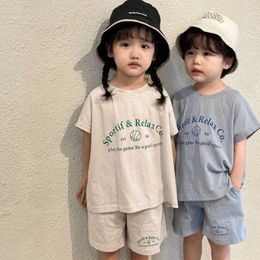 T-shirts 2023 Summer Loose Casual Sportswear Girls Comfortable T-shirt Letter Print Tops+ Cotton Solid Shorts Children Boys Athletic Wear P230419