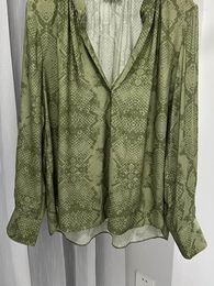 Women's Blouses 2023 Spring And Summer Women Shirt Green Snake Print Long-sleeved V-neck