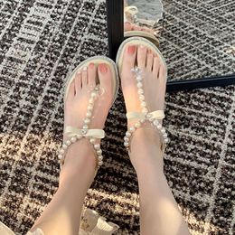 Sandals Comemore Women 2023 Summer Shoes Flat Female Pearl Sandal Comfortable String Bead Beach Sweet Casual White Black 43