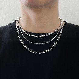 Chains Simple Multi-layer Cool Hip Hop Necklace Women Men Personality Silver Color Metal Clavicle Chain Necklaces Jewelry 3pcs/set