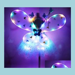 Other Event Party Supplies Girl Led Butterfly Wings Set With Glowtutu Skirt Fairy Wand Headband Princess Light Up Carnival Costume Dh8Du