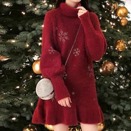 Lässige Kleider Rollkragenpullover Kleid Frauen Rüschen Pullover Top Herbst Winter Festival süße Party Weihnachtstag weiblich gestrickt