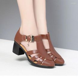 Sandals Women Summer Fashion Hollow Midd Heel Genuine Leather Large Size
