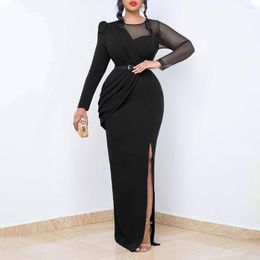 Ethnic Clothing Summer Elegant African Women Long Sleeve O-neck Polyester Red Blue Black Maxi Dress Dresses With Belt S-3XL