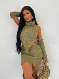 Work Dresses Hirigin Knitted Solid Two Piece Set Women Sexy Turtleneck Backless Irregular Vest With Sleeve Elastic Hip Skirt Street Suits