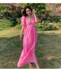 Women's casual dresses high quality v-neck puff short sleeve rose color loose mermaid maxi long dress S M L XL