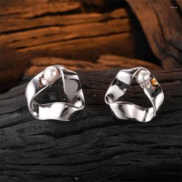 Stud Earrings 925 Sterling Silver Irregular Wave Triangle For Women French Elegant Pearl Wedding Jewellery Gift