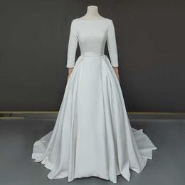 Wedding Dress Other Dresses 11556#Real Pos Ball Gown O-Neck High End Satin Long Sleeve Sweep Train Pleat Open Back Bridal GownOther