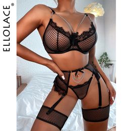 Sexy Set Ellolace Lingerie Lace Exotic Costumes Transparent Mesh Bra And Erotic Outfits Garters with Chain Porn Sensual Intimate 230419