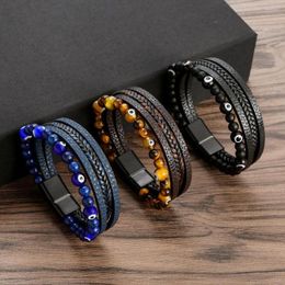 Bangle 2023 Arrival Handmade Demon Eye Beaded With Metal Magnetic Buckle Men's Multi-Layer Leather Bracelet