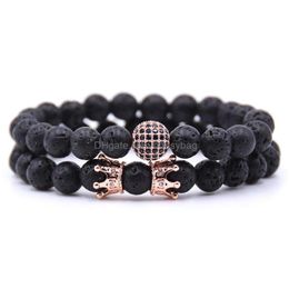 Beaded 10Pc/Set Natural 8Mm Crown Volcano Stone Cz Round Bracelet Sets Gifts For Men Women Handmade Yoga Jewelry Drop Delivery Bracel Dhuxw
