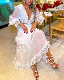 Casual Dresses Long Sleeve Bohemian Dress Women 2023 Summer Autumn Puff V Neck Hollow Out Lace Ruffle Maxi Eleagnt Female