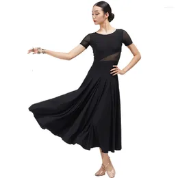 Stage Wear Female Black Mesh Patchwork Ballroom Dance Dress Short Sleeve Waltz Tango Dancewear Round Neck Peformance FLHY079