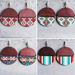 Dangle Earrings Aztec Wood Disc Round For Women Western Jewelry Cowgirl Design Wooden Wholesale