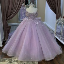 Light Lavender Shiny Off the Shoulder Quinceanera Dress Princess Prom Gown Tulle Lace Bow Beads Sweet 15 16 Dress Vestidos De 15 Anos