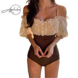 Swim Wear Korea Sweet Off Shoulder Puff Sleeve Crochet Lace Patchwork High Waist Monokini Swimsuit Women Slim Beach Bathing Swimwear 230418