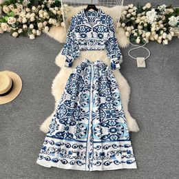 Two Piece Dress Runway Blue And White Porcelain Outfits Womens Long Sleeve Pearl Buttons Short Shirt Tops Long Maxi Skirt Vacation 2 Pieces Set 2024