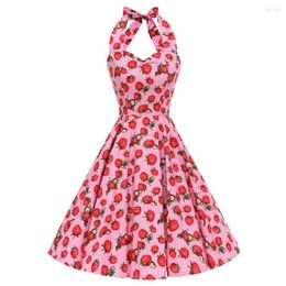 Casual Dresses Women Vintage Dress Strawberry Print Halter Neck Swing