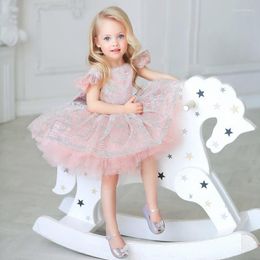 Girl Dresses Cute Pink Dress Cap Sleeve Glitter Tulle Puff For Wedding Birthday Formal Prom First Communion Gowns