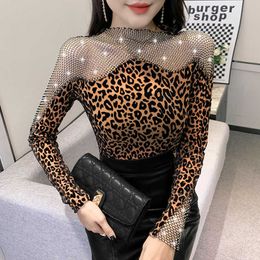 Women's T-Shirt Sexy leopard print T shirt 2022 New Hot drilling Hollow out Tops Fashion Women Mesh bottoming shirt Blusa cool P230328